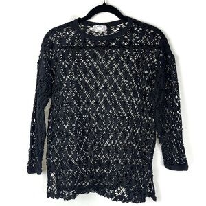 Women’s Open Weave Black Long Sleeve Crocheted Top/Cover-Up Small Goth Emo Sheer
